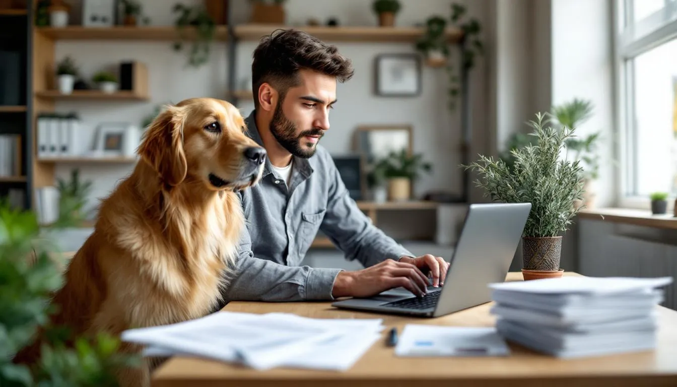반려동물과 함께 온라인으로 진료비 지원 신청서를 작성하는 모습.