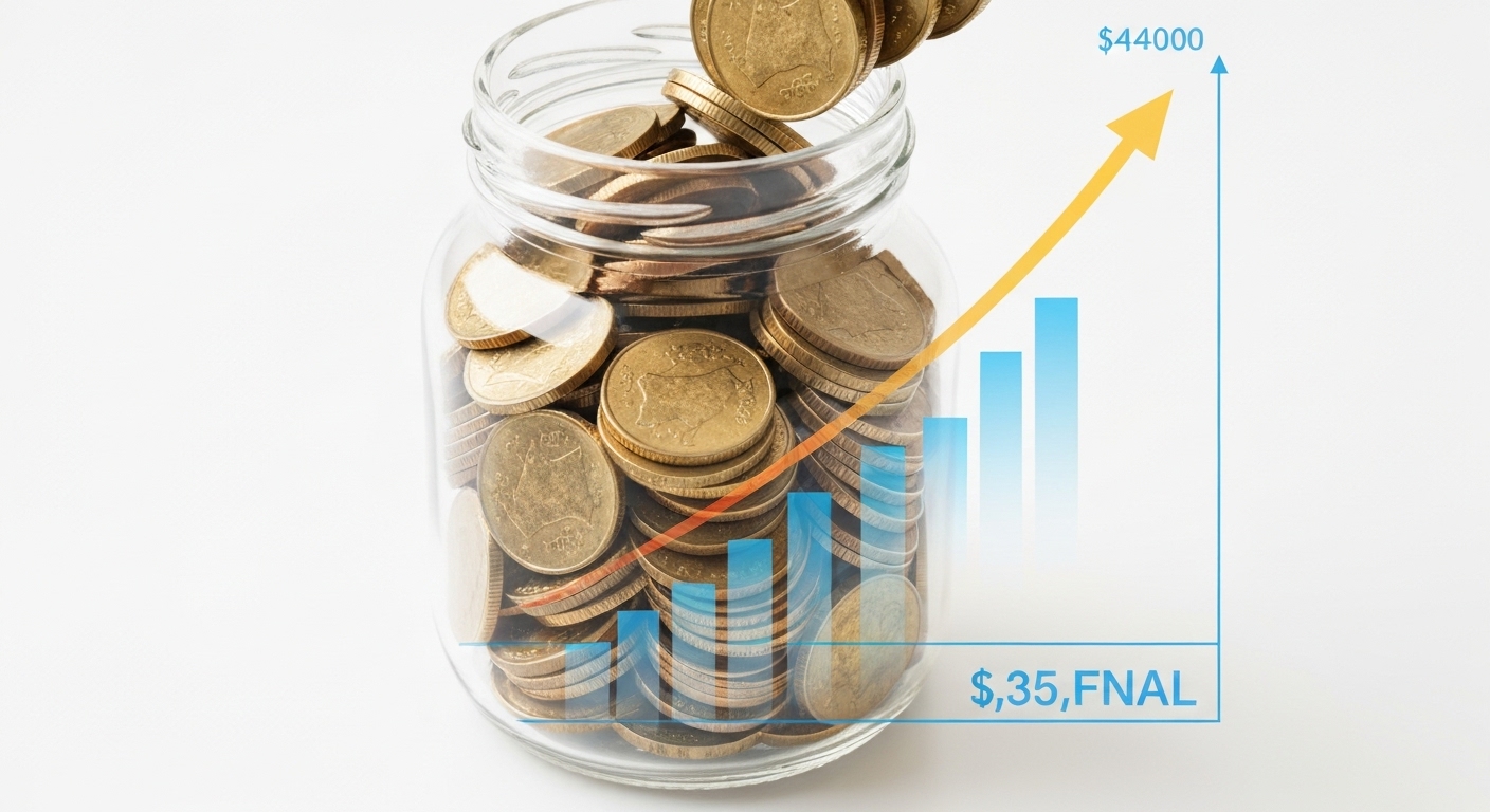 저축으로 인해 돈이 불어나는 모습을 투명한 저금통과 상승 그래프로 시각적으로 표현한 이미지