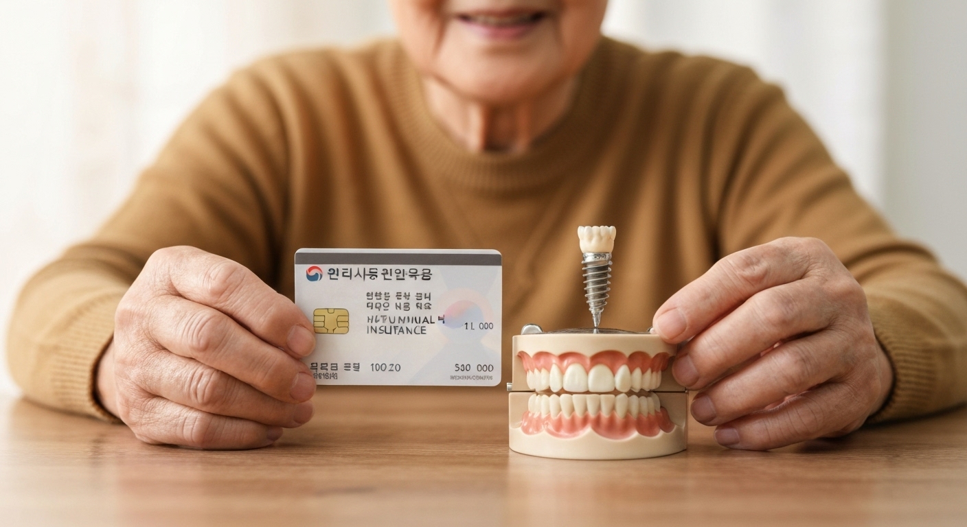 어르신이 건강보험증과 임플란트 모형을 들고 2025년 건강보험 혜택을 알아보고 있는 모습
