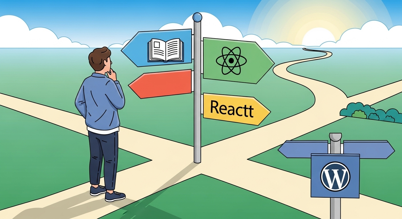 여러 갈래의 길 앞에 서서 어떤 웹호스팅 서비스를 선택할지 고민하는 사람의 뒷모습. 각 표지판에는 포트폴리오, 앱 개발 등 프로젝트 유형이 그려져 있다.