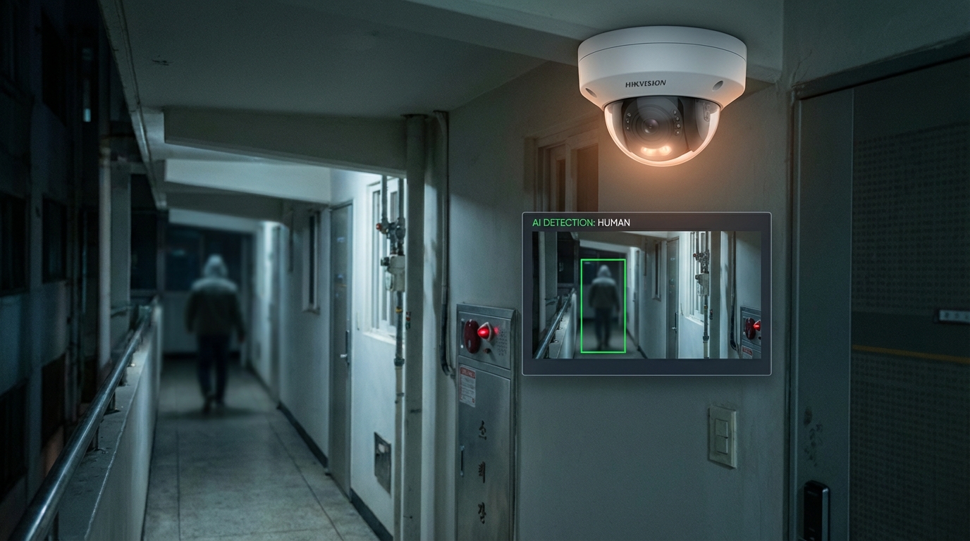 한국 복도 아파트에서 컬러 나이트 비전을 사용하는 AI CCTV가 낯선 인물을 감지하는 모습