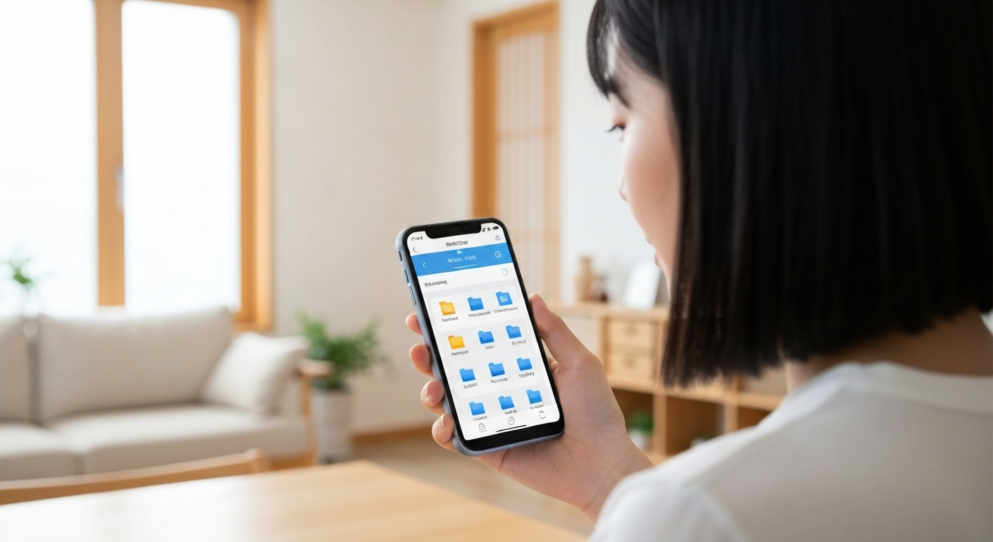 스마트폰 앱을 통해 NAS 서버에 원격 접속하여 파일을 관리하는 모습