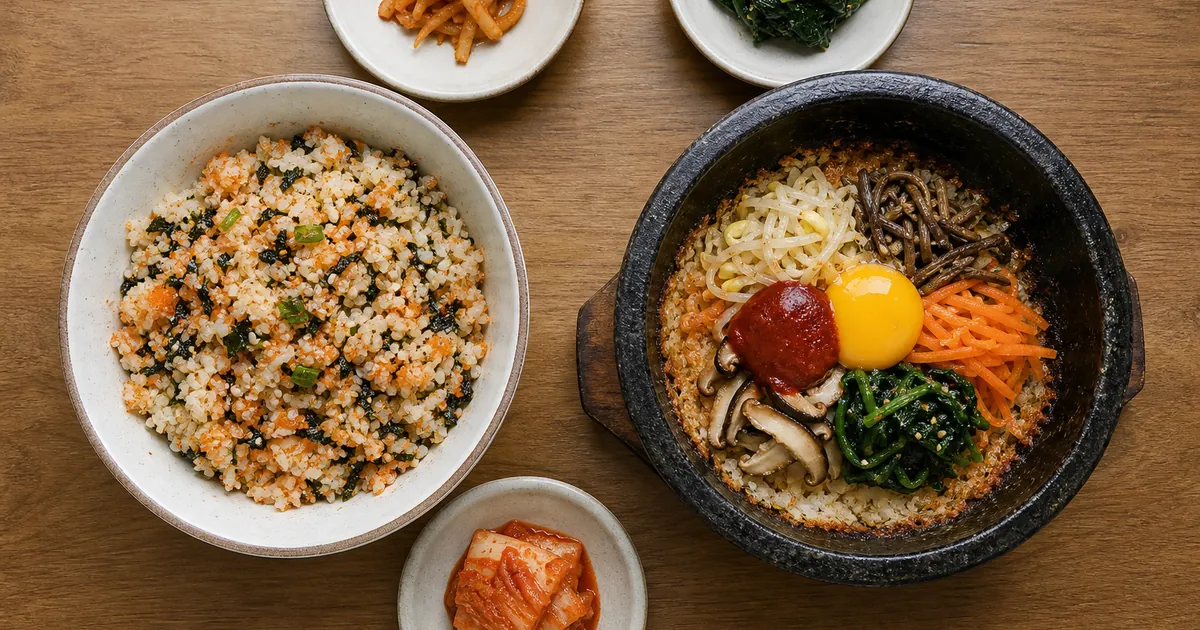 알밥을 비빈 그릇과 나물 고명이 올라간 돌솥비빔밥을 위에서 비교한 한식 점심 상차림