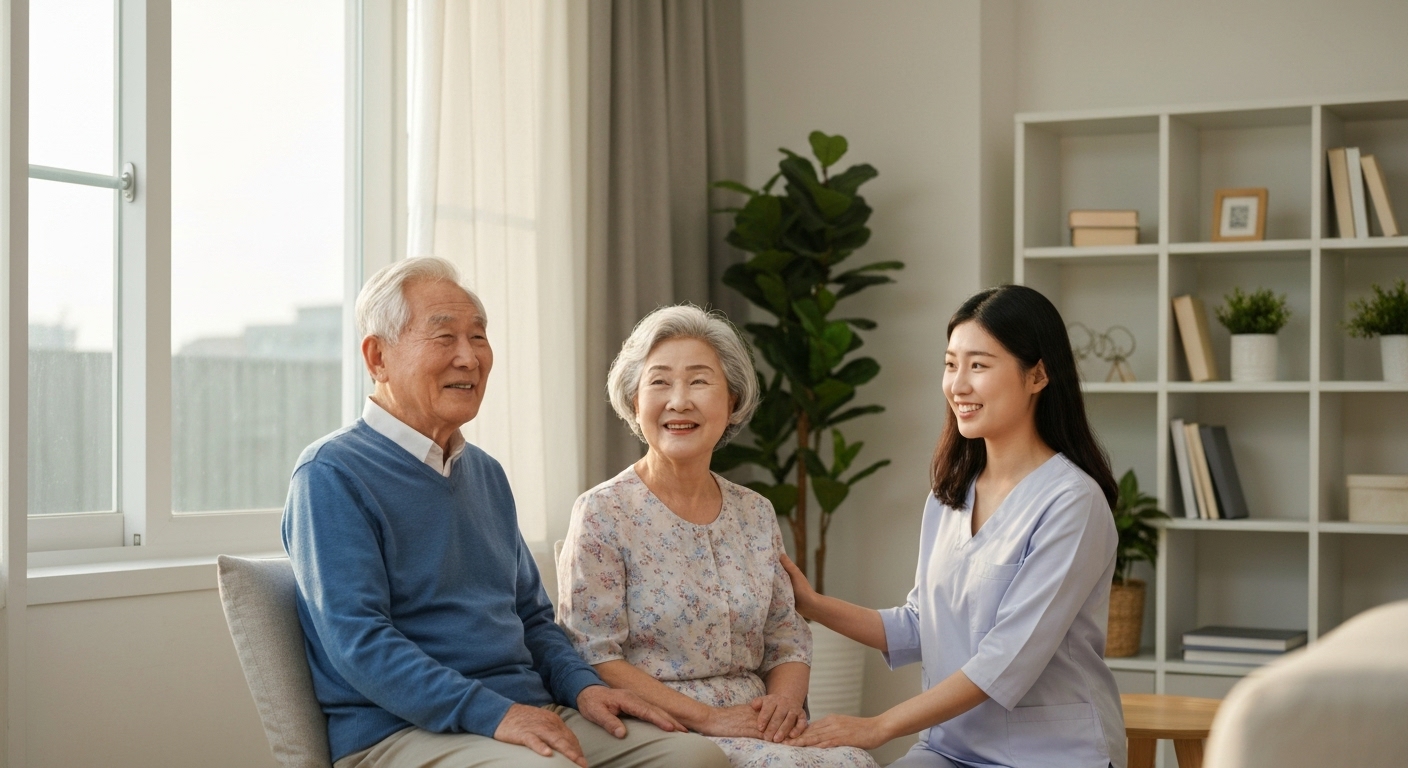 장기요양보험으로 가족과 집에서 평안한 노후를 보내는 노부부 모습