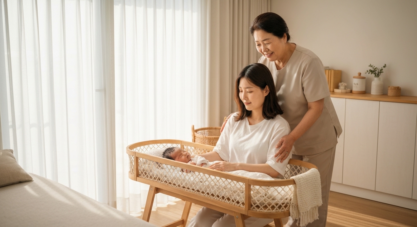 산모와 신생아를 돌보는 산후 도우미가 있는 한국 가정의 모습