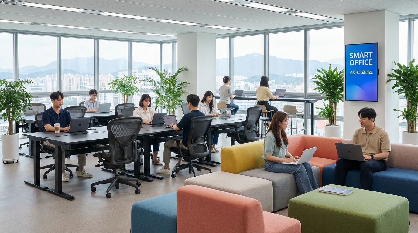 인체공학 의자와 모션 데스크, 모듈형 라운지 가구가 배치된 한국 스마트 오피스