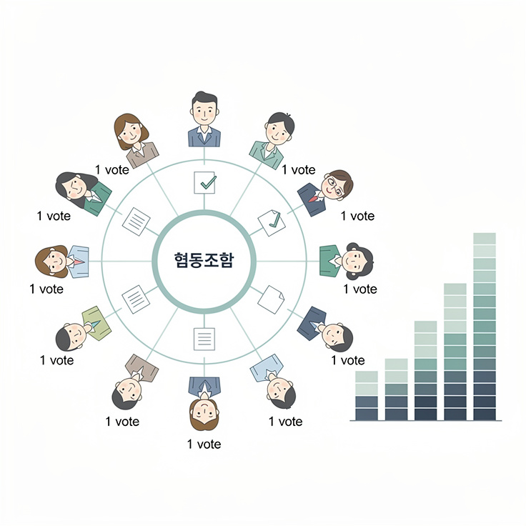 한국 협동조합의 1인 1표 민주적 의사결정과 임금 구조를 표현한 그래픽