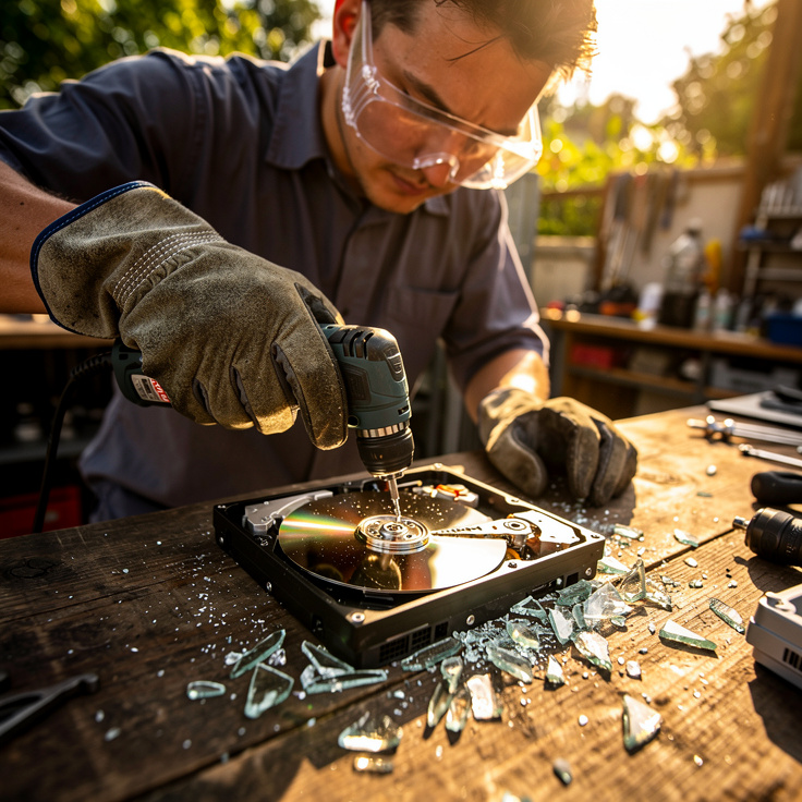 안전 보호구 착용 후 드릴로 하드디스크 천공 작업하는 모습