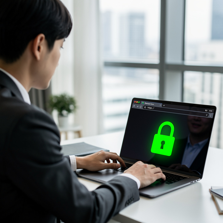 보안서버 구축의 중요성을 보여주는 자물쇠 아이콘과 HTTPS가 보이는 한국인 노트북 사용자