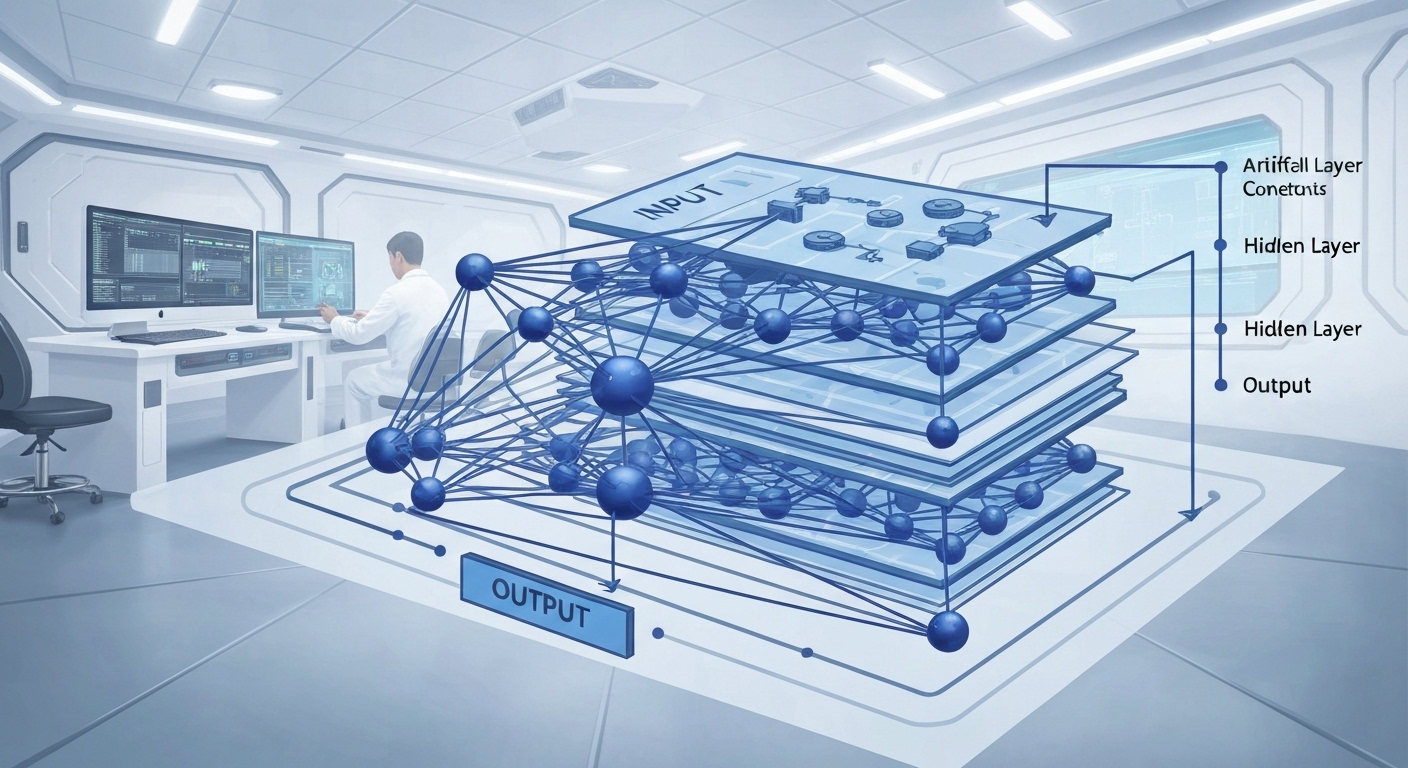입력층, 은닉층, 출력층으로 구성된 인공신경망 구조 모식도와 한국 연구실 배경 이미지