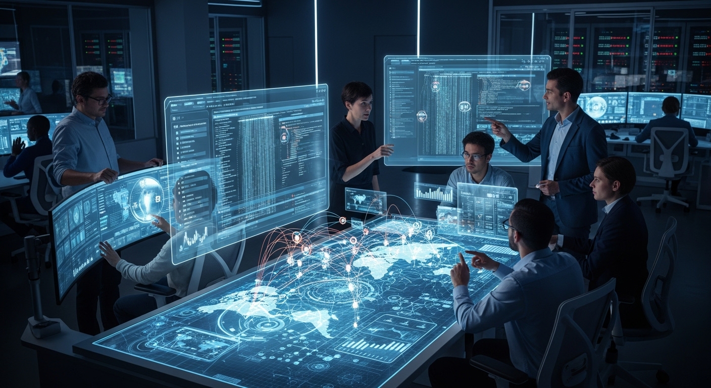 AI와 협업하는 현대적인 보안 관제 센터 분석가들의 모습