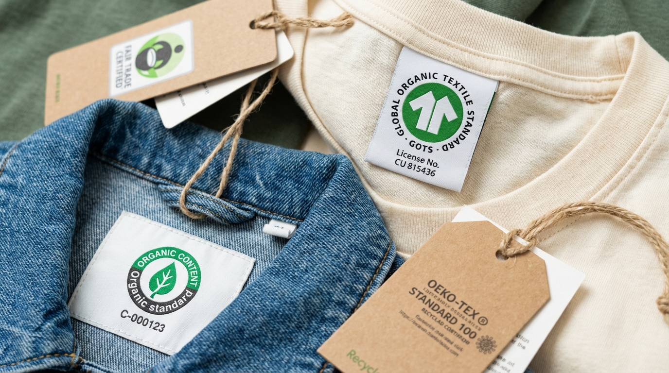 유기농 인증 마크와 라이선스 번호가 적힌 섬유 제품 라벨들