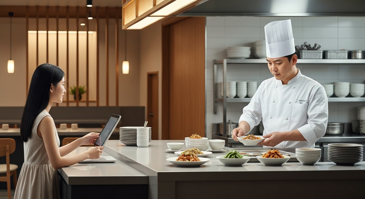 클라이언트-서버 모델을 한국 식당을 비유로 설명하는 이미지