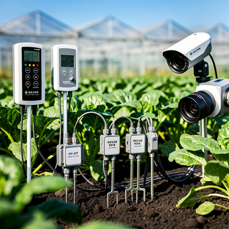 다양한 스마트팜 센서들이 작물에 설치되어 있는 모습
