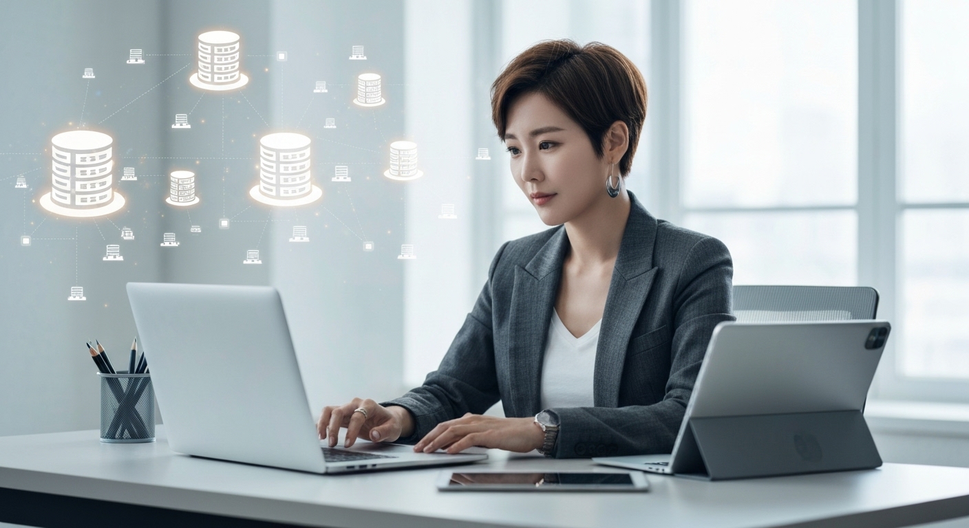 클라우드 서비스를 다양한 기기로 접근하는 한국인 모습