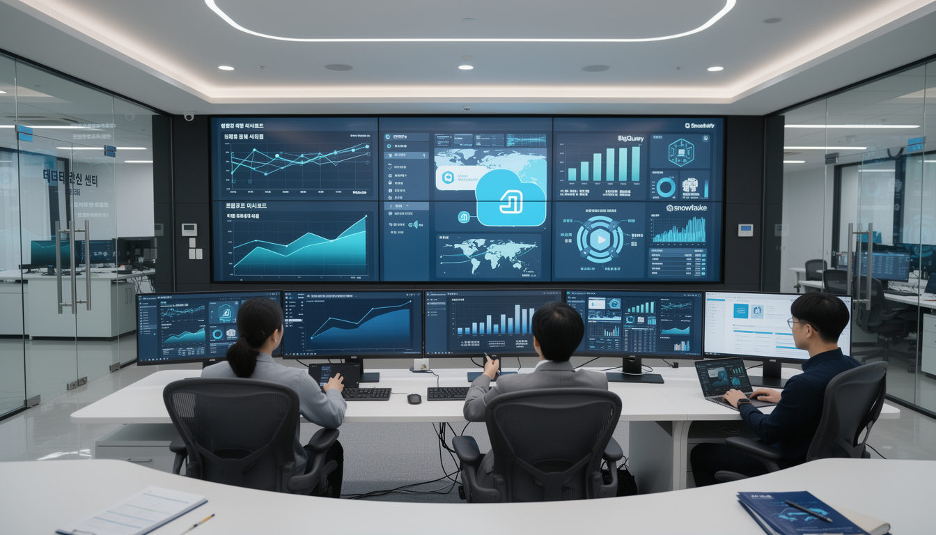 클라우드 기반 데이터 인프라와 데이터 거버넌스 구축을 나타내는 현대적 데이터 분석실