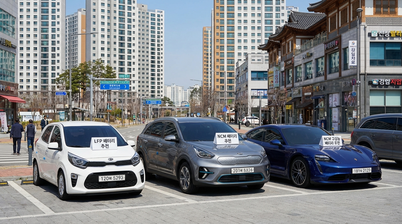 한국의 다양한 전기차 차급별 추천 배터리 종류를 보여주는 이미지