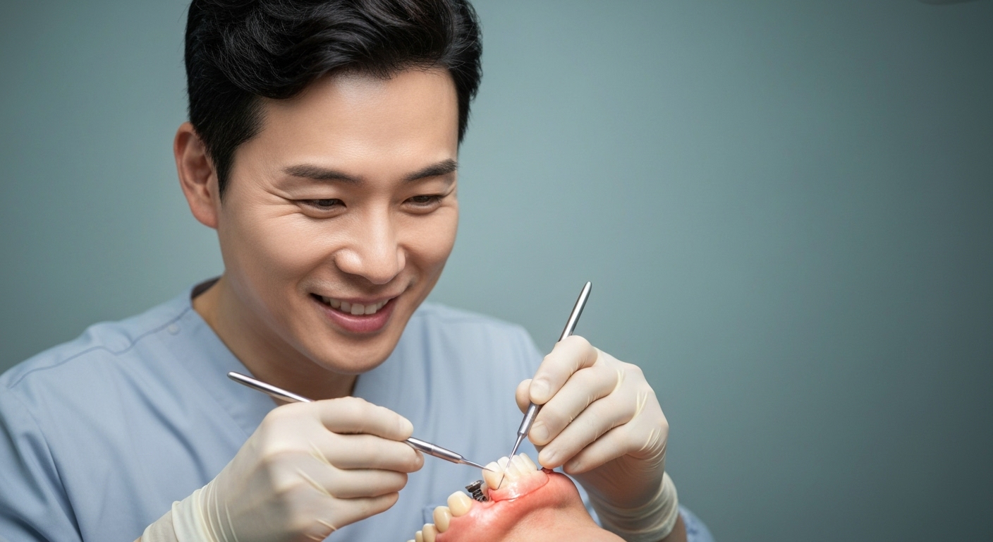 국소 마취 하에 치조골에 임플란트 인공치근을 식립하는 한국 치과 의사의 1차 수술 장면