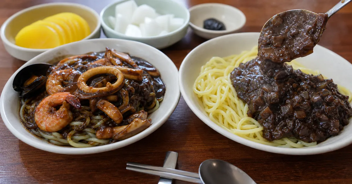 삼선짜장의 해산물 고명과 간짜장의 따로 볶은 양파 소스를 비교한 중식 점심 상차림