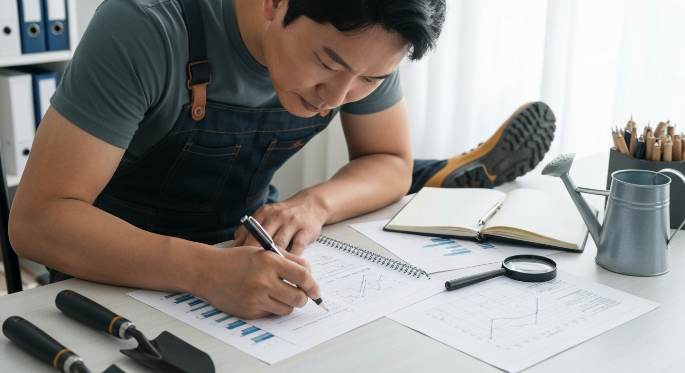 귀농 계획서를 작성하는 한국 전문 농업인 모습
