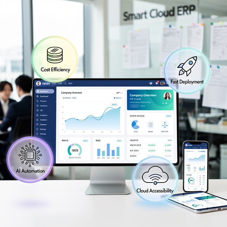 클라우드 기반 SaaS ERP 솔루션의 장점을 보여주는 하이테크 인터페이스 이미지