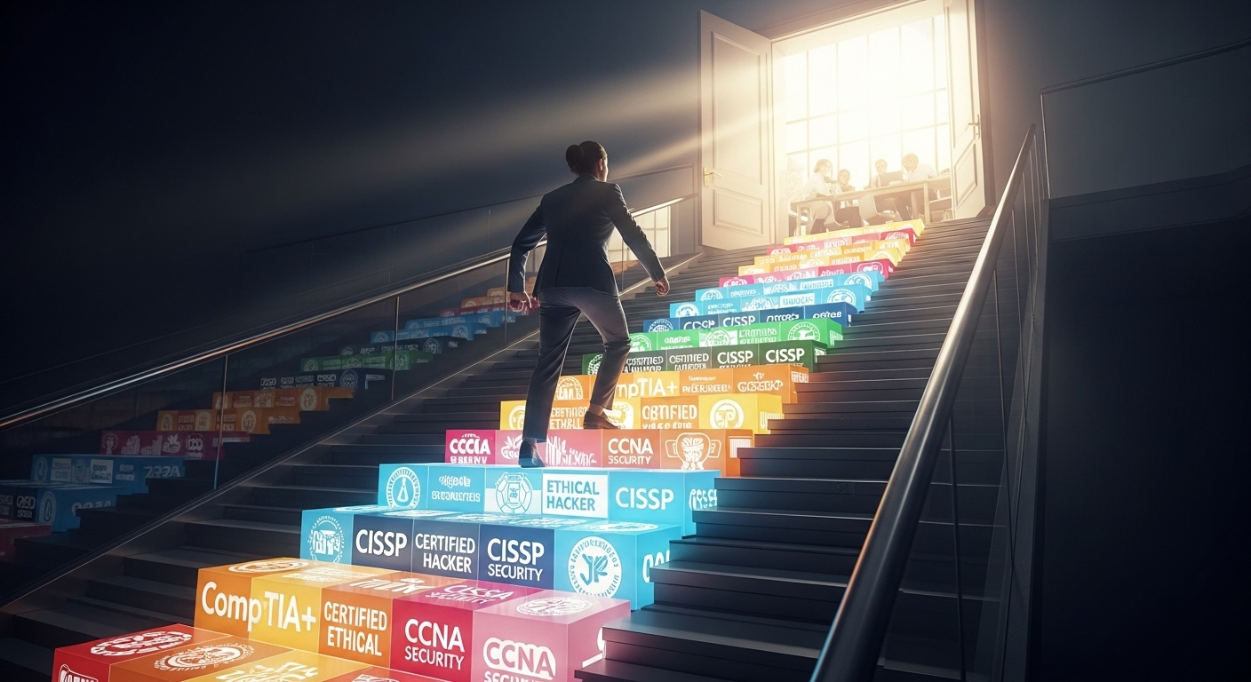 정보보안 관련 자격증이라는 계단을 올라 취업의 문으로 향하는 사람
