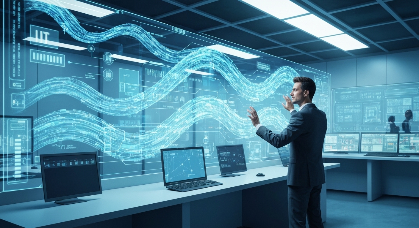 데이터 흐름을 관리하는 IT 관리자의 미래적인 이미지
