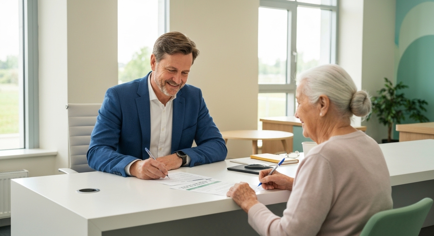 행정복지센터에서 직원의 안내를 받아 에너지바우처 신청서를 작성하는 노인