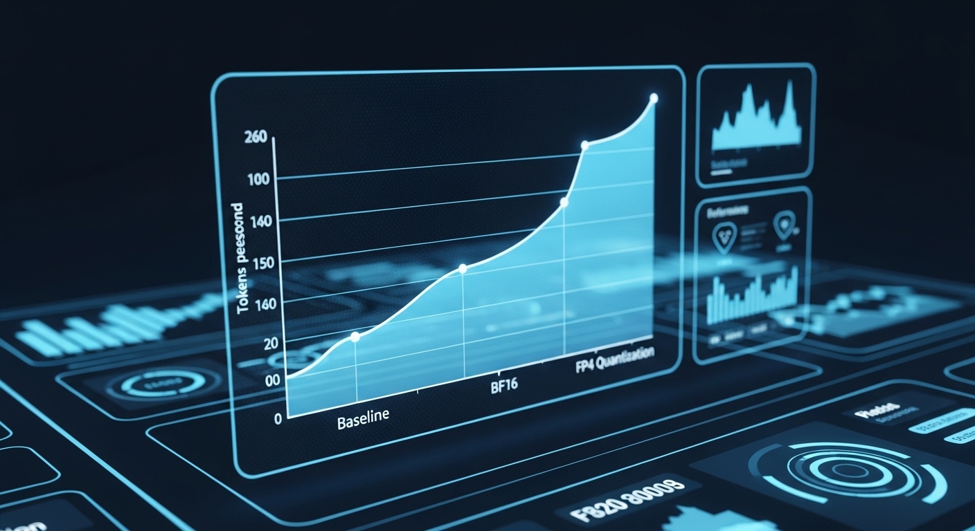 베이스라인, BF16, FP4 양자화 단계를 거치며 성능이 기하급수적으로 증가하는 것을 보여주는 홀로그램 그래프