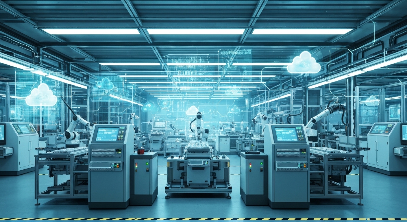 스마트 팩토리 내부와 PLC가 클라우드 및 AI와 연동되는 미래 산업 현장 이미지