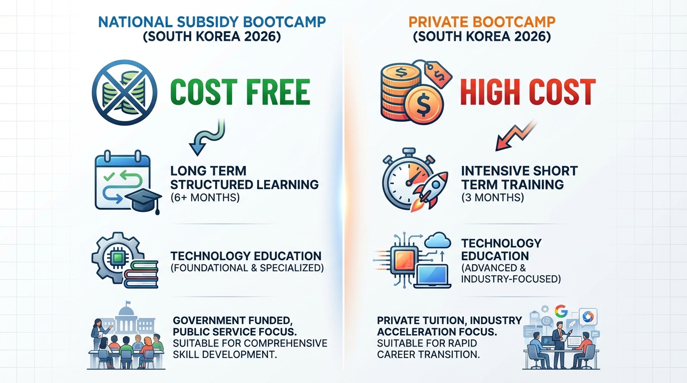 2026년 한국 국비지원 부트캠프와 사설 부트캠프의 비용, 기간, 학습 강도 비교 인포그래픽
