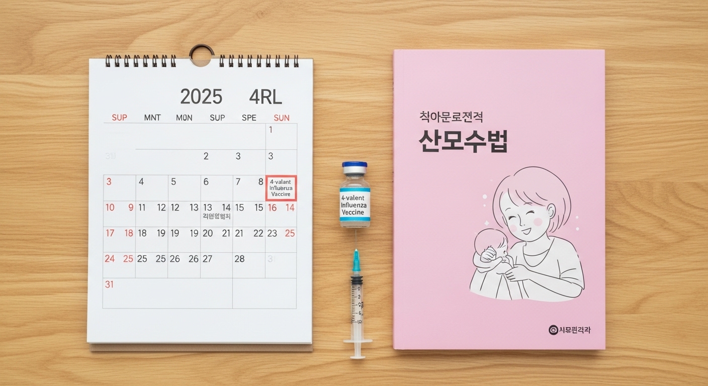 2025년 달력과 산모수첩, 그리고 4가 독감 백신이 나란히 놓여있는 사진