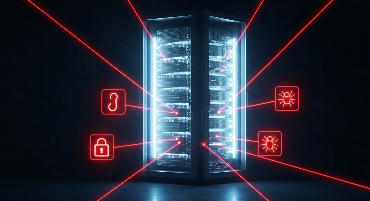 랜섬웨어, 피싱 등 다양한 사이버 위협이 중앙 서버를 공격하는 모습을 형상화한 이미지