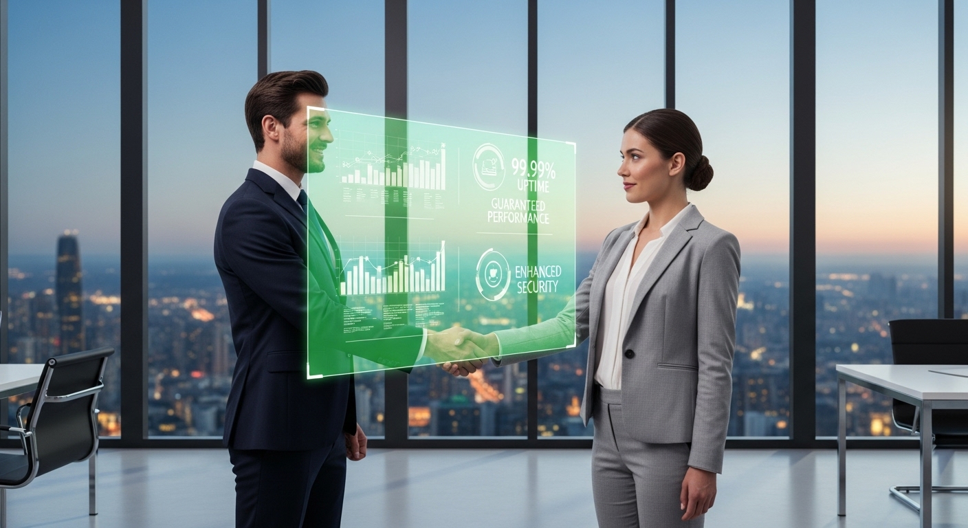 비즈니스 전문가들이 SLA 대시보드 앞에서 악수하며 신뢰를 보여주는 장면