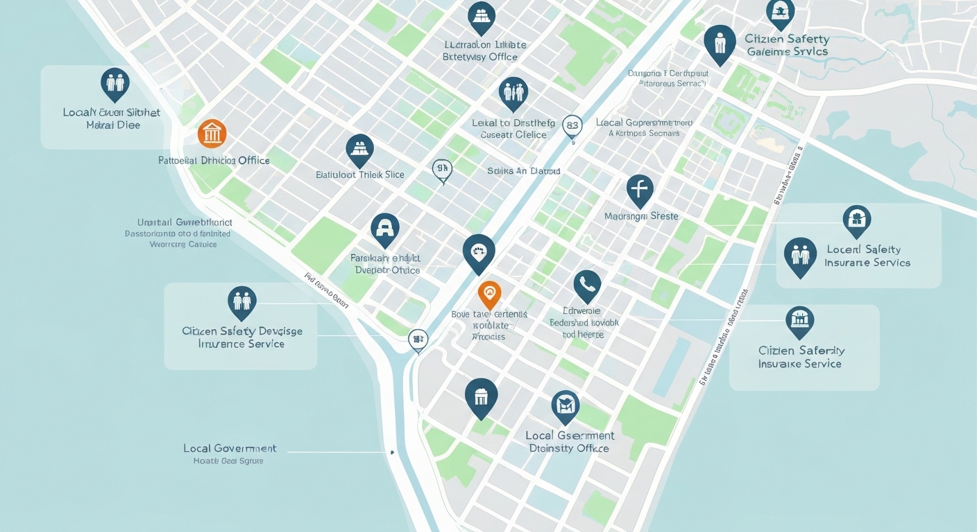 지자체 위치와 시민안전보험 관련 아이콘이 표시된 현대 도시 지도