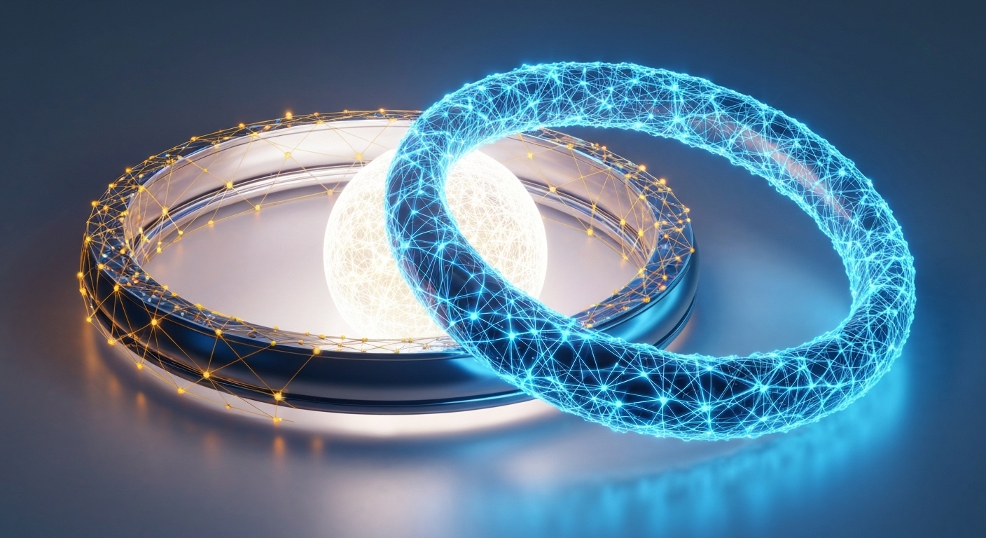 통합과 지능화가 결합하여 비즈니스 핵심 자산을 보호하는 미래 보안 컨셉 이미지