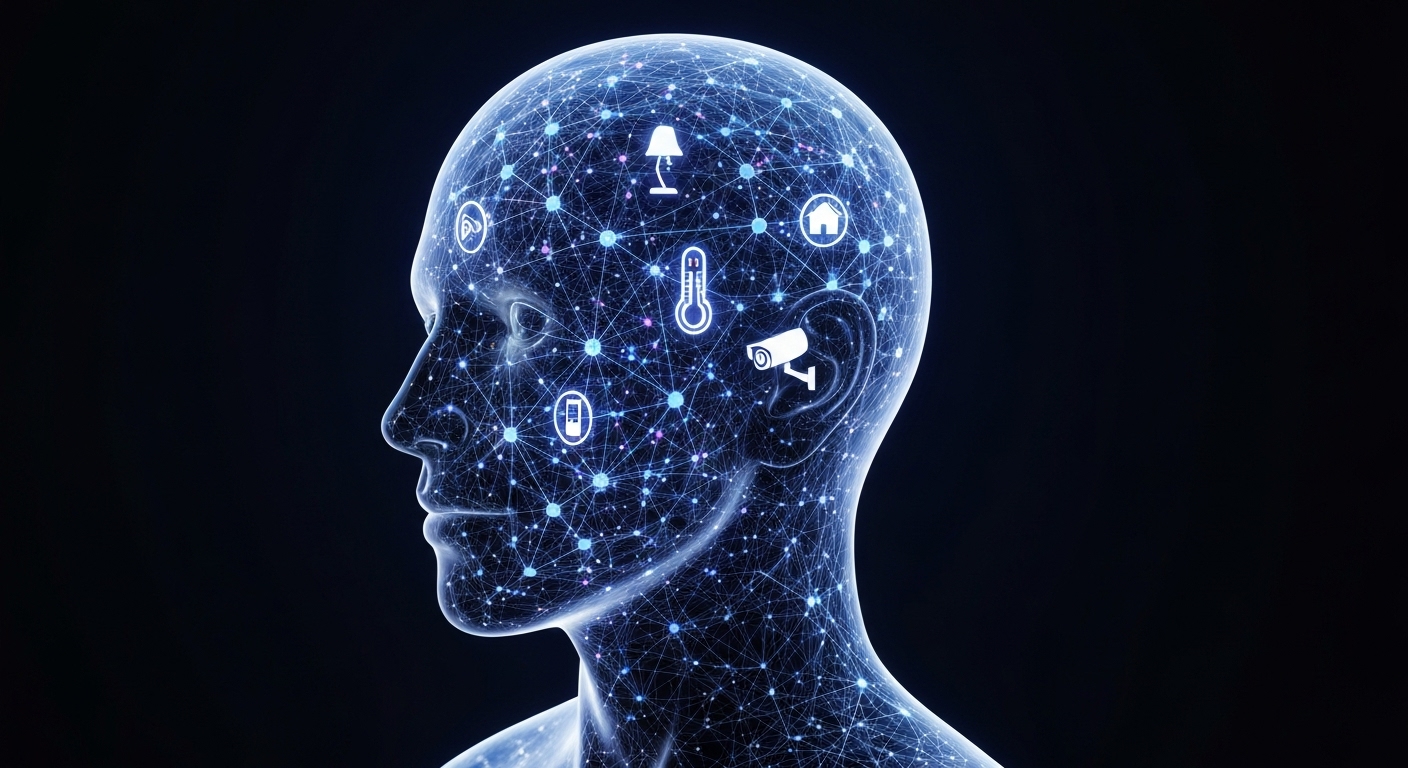 인공지능이 스마트 홈의 두뇌 역할을 하여 데이터를 학습하고 처리하는 모습을 형상화한 이미지