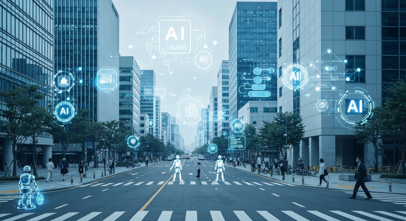 미래 지향적인 디지털 도시와 인공지능 기술 아이콘을 표현한 이미지