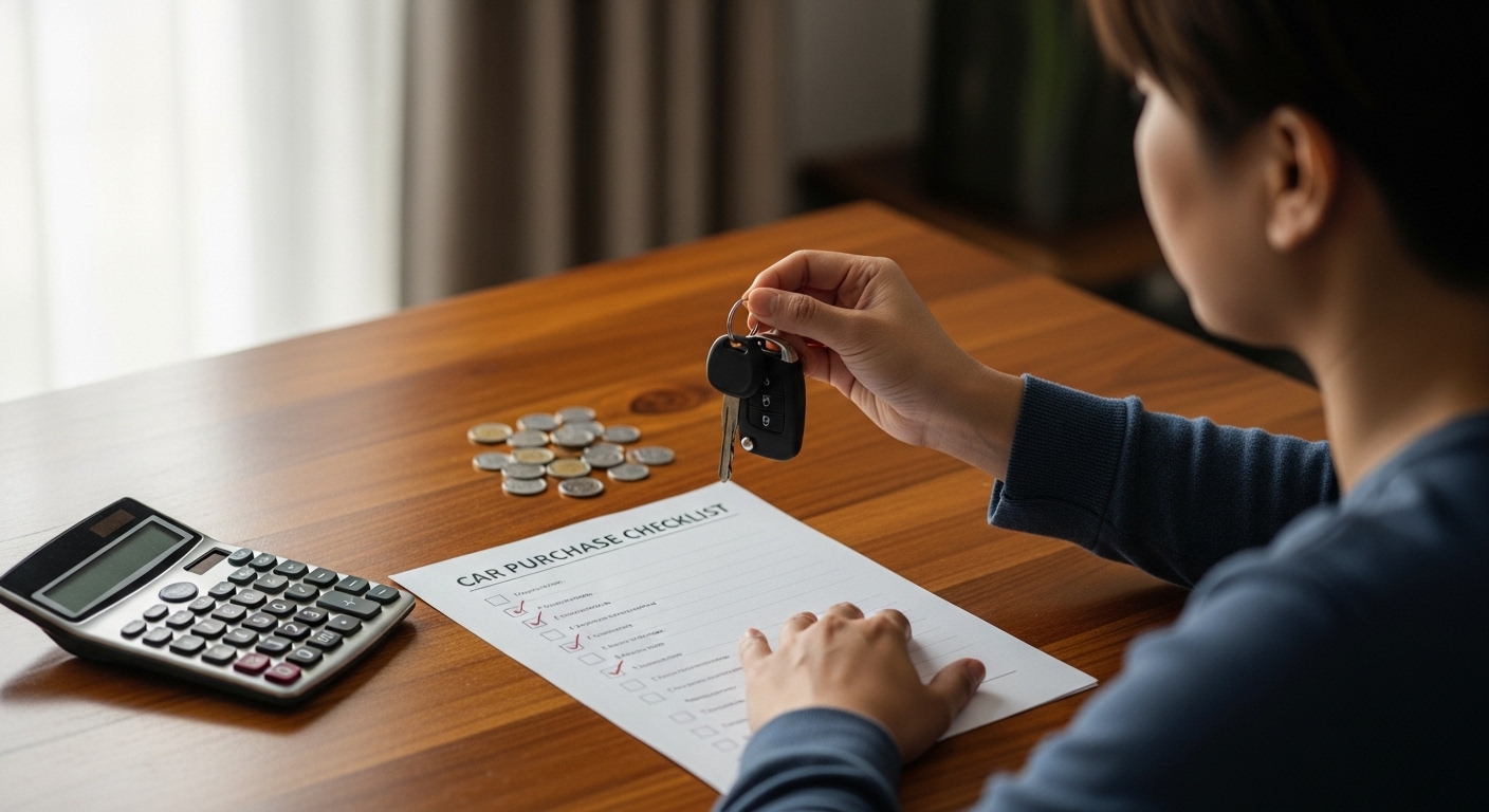 책상에 앉아 자동차 열쇠와 체크리스트를 보며 조기폐차와 DPF 장착 중 어떤 선택을 할지 신중하게 계획하고 있는 사람