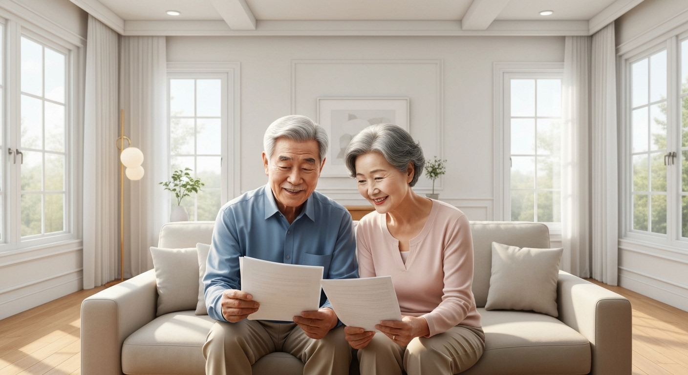 노후를 준비하는 한국의 노부부가 집에서 국민연금 관련 문서를 확인하는 모습