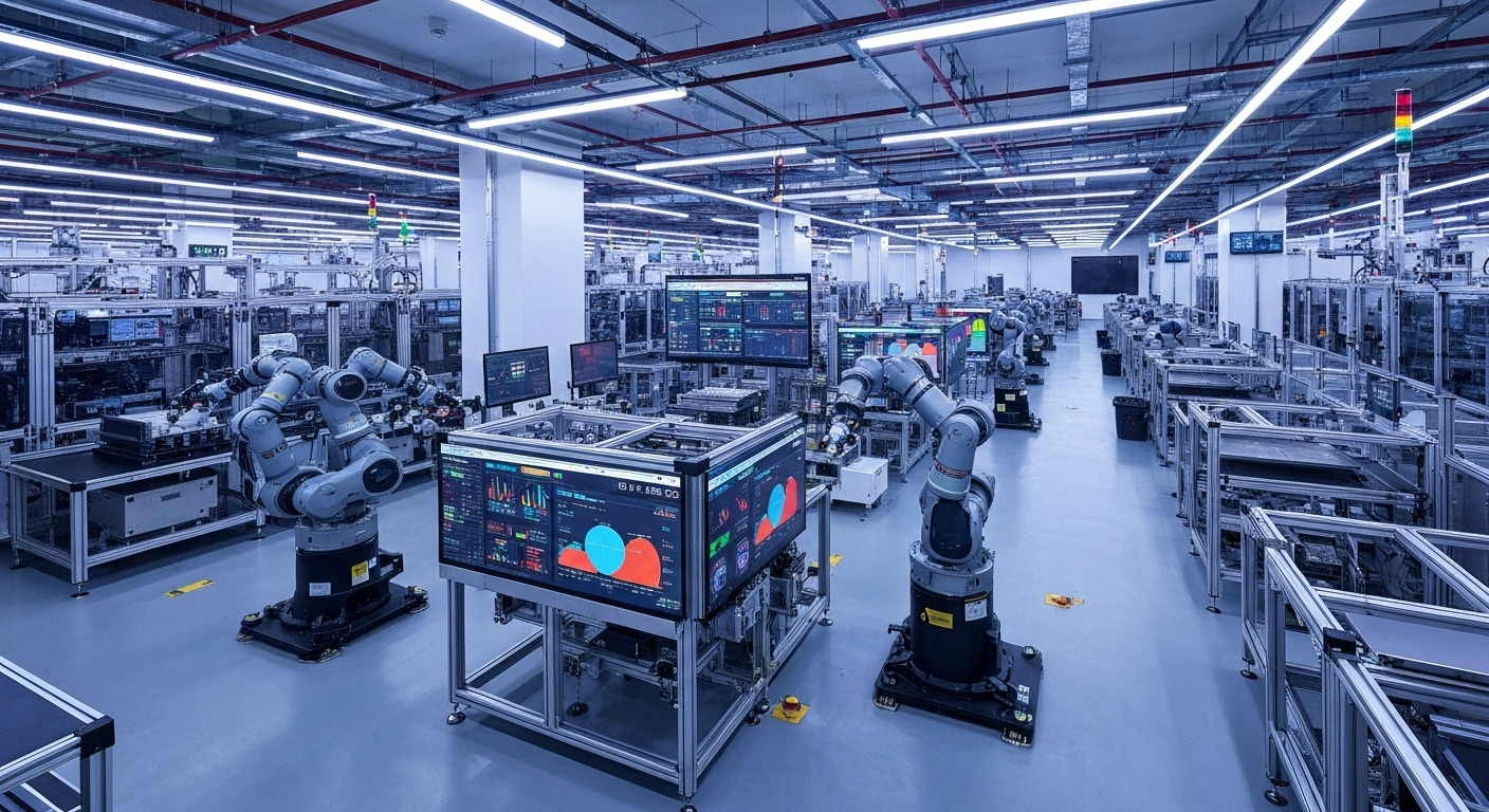 최첨단 자동화 설비와 로봇들이 협력하며 작업 중인 한국의 스마트팩토리 내부 모습
