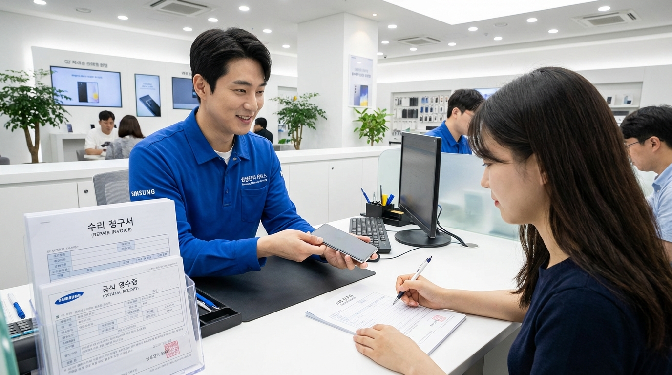 서비스 센터에서 수리 완료된 스마트폰과 공식 수리 견적서 및 영수증을 준비 중인 모습