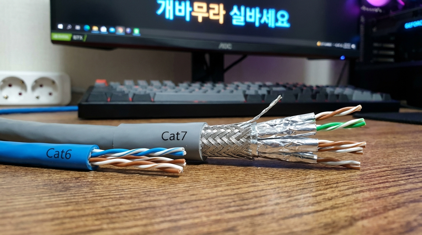 한쪽에는 CAT6, 다른 한쪽에는 CAT7 랜선이 나란히 놓여 있으며 CAT7의 알루미늄 차폐층이 크게 강조된 모습
