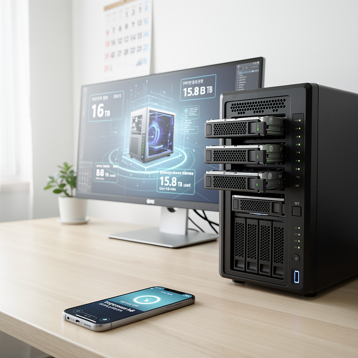 스마트폰의 저장 공간 부족 알림과 함께 16테라바이트 용량의 NAS 장치가 연결된 한국 가정의 현대적인 사무실 모습