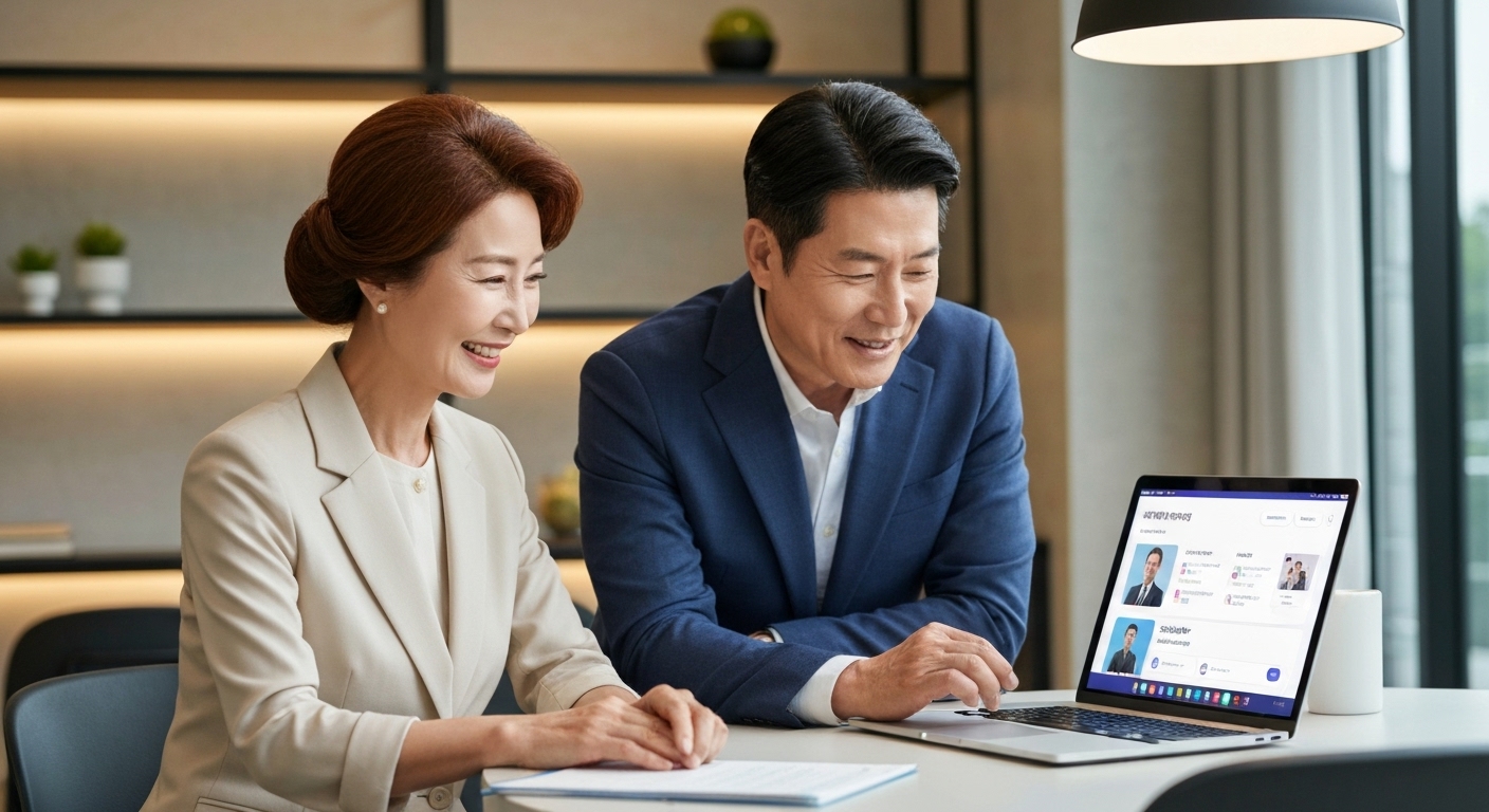 중장년층 두 명이 현대적인 실내에서 AI 기반 취업 플랫폼을 활용하는 모습