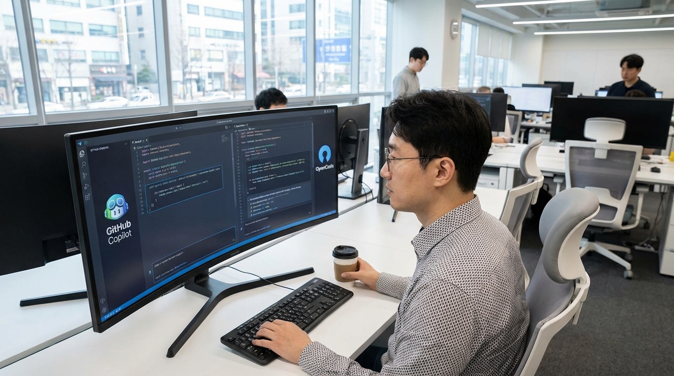 한국 개발자가 컴퓨터 앞에서 GitHub Copilot과 OpenCode 두 가지 AI 코딩 도구 옵션을 보고 있는 모습