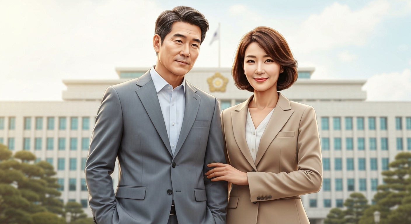 새로운 출발을 준비하는 중장년 한국인 남녀의 자신감 있고 희망찬 모습과 정부 지원을 상징하는 배경