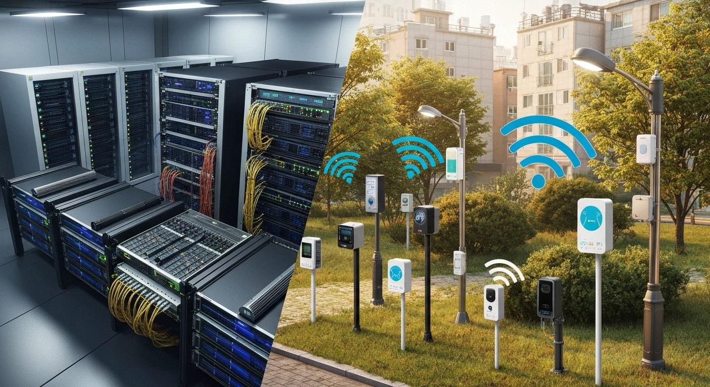 전통 IT 보안 환경과 저전력 다양한 IoT 기기가 분산된 환경 비교