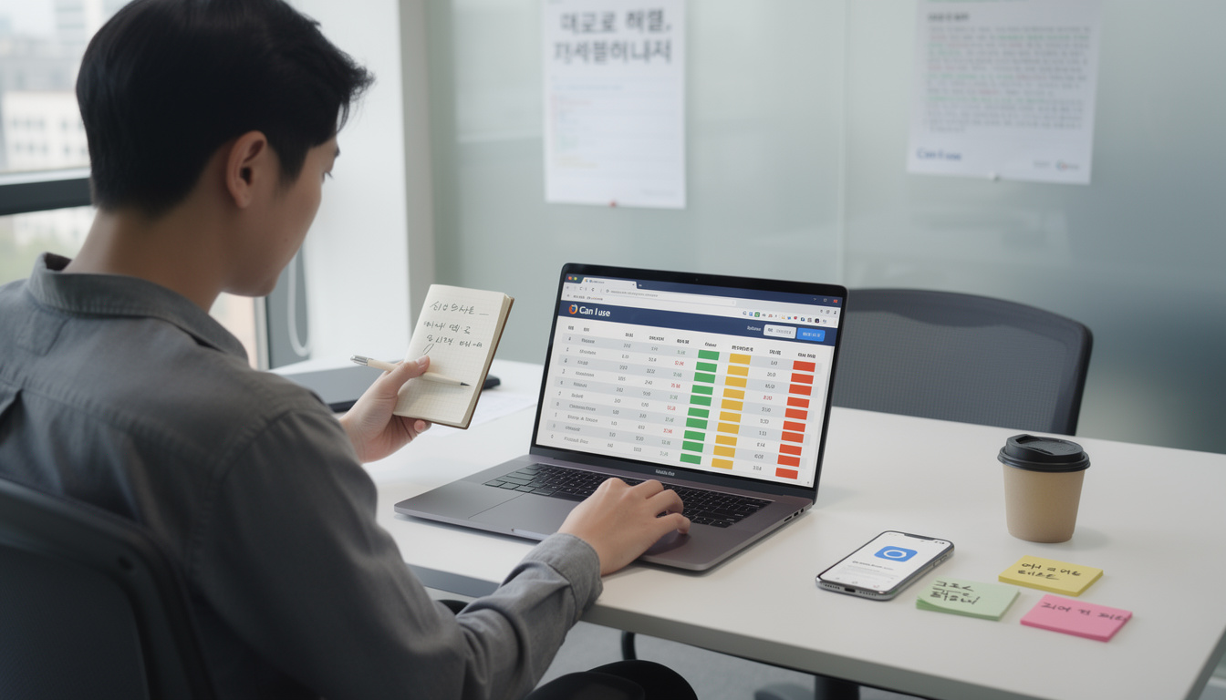 브라우저 호환성 확인을 위해 Can I use 사이트를 사용하는 모습