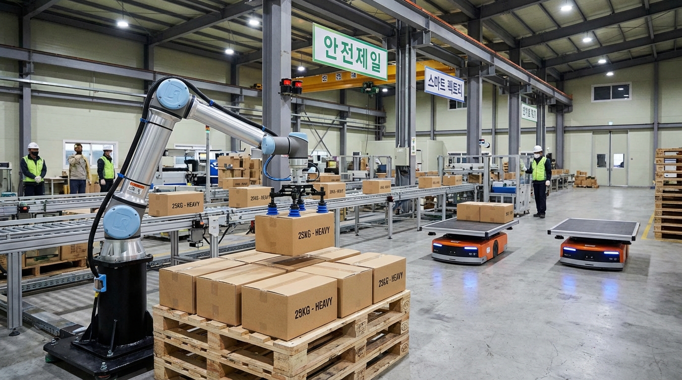 한국 공장 물류에서 팔레타이징 로봇이 박스를 적재하는 모습
